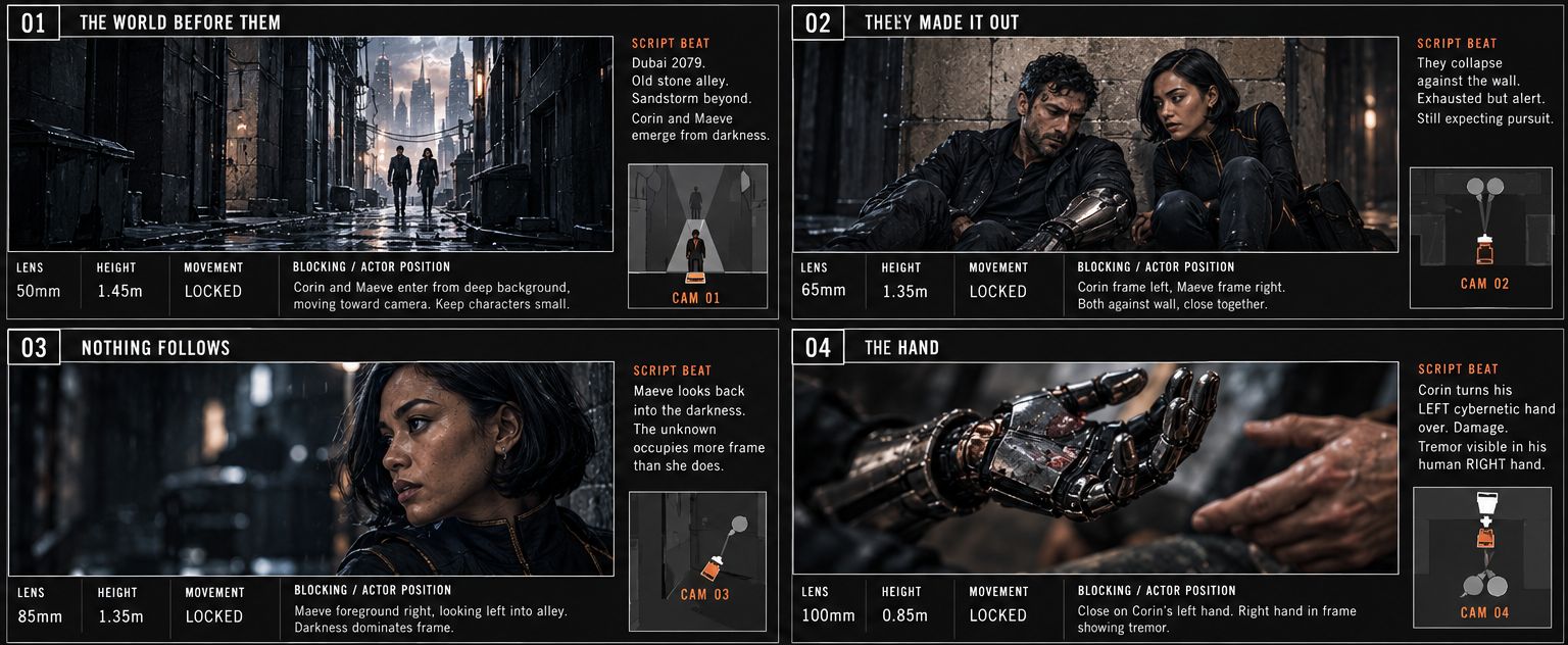 Storyboard sheet, panels 01 to 04: the city before them, the partners making it out, the alley and Corin’s hand, with lens and blocking notes.