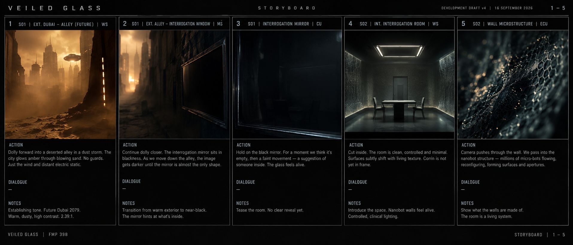 Storyboard sheet in five panels: from the storm, through the dark, to the one-way mirror and the room.