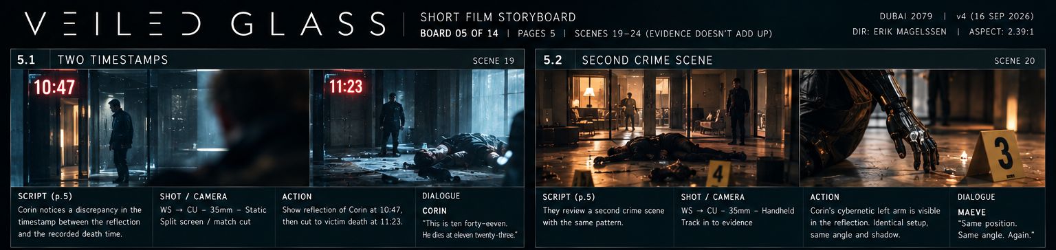 Storyboard strip: two timestamps, 10:47 and 11:23, and a second crime scene.