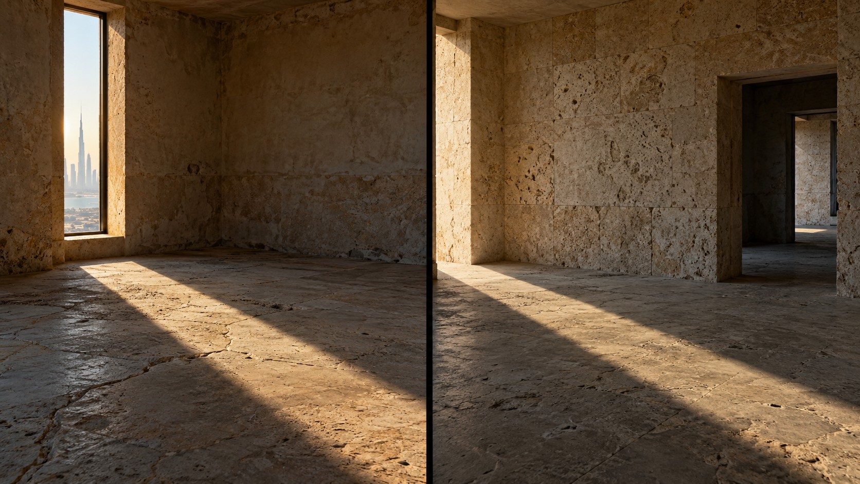 Two different stone rooms with matching diagonal shadows.