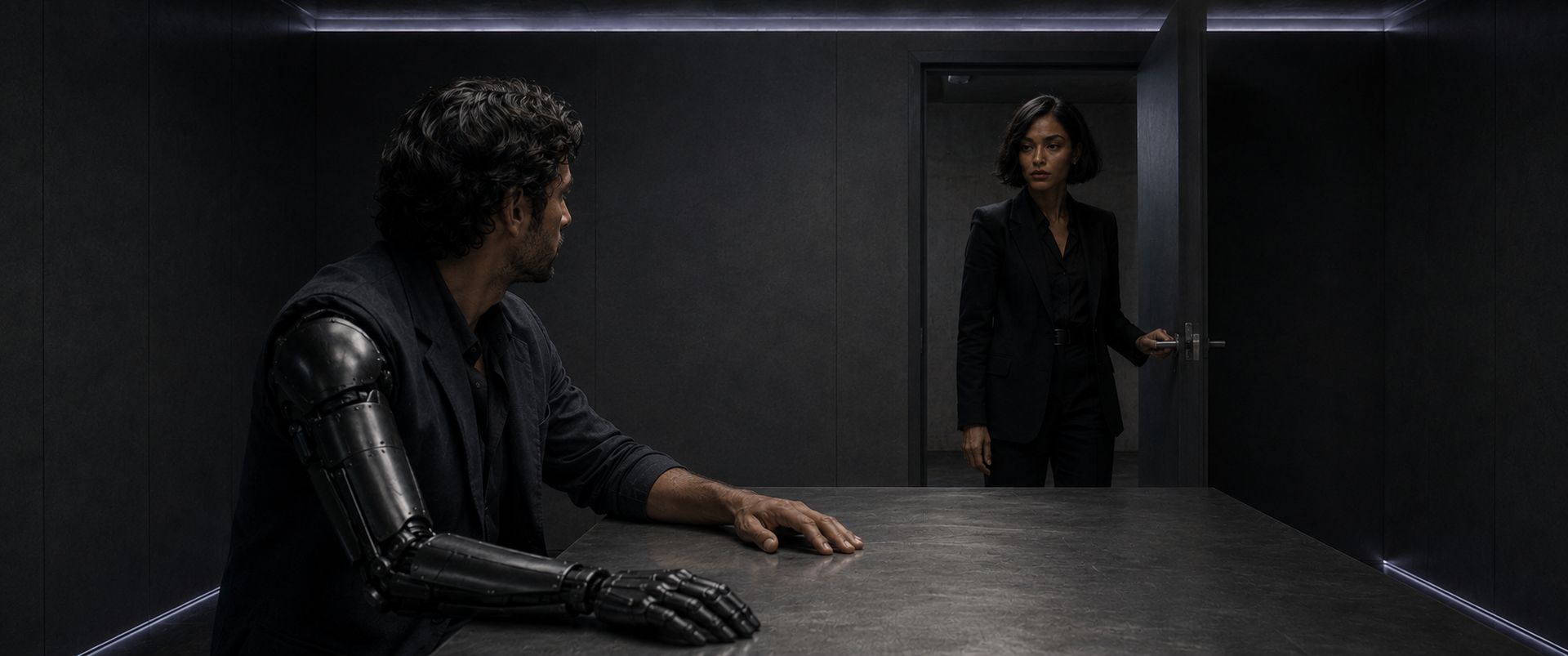 Maeve stepping in through a doorway from the dark while Corin waits at the steel table.