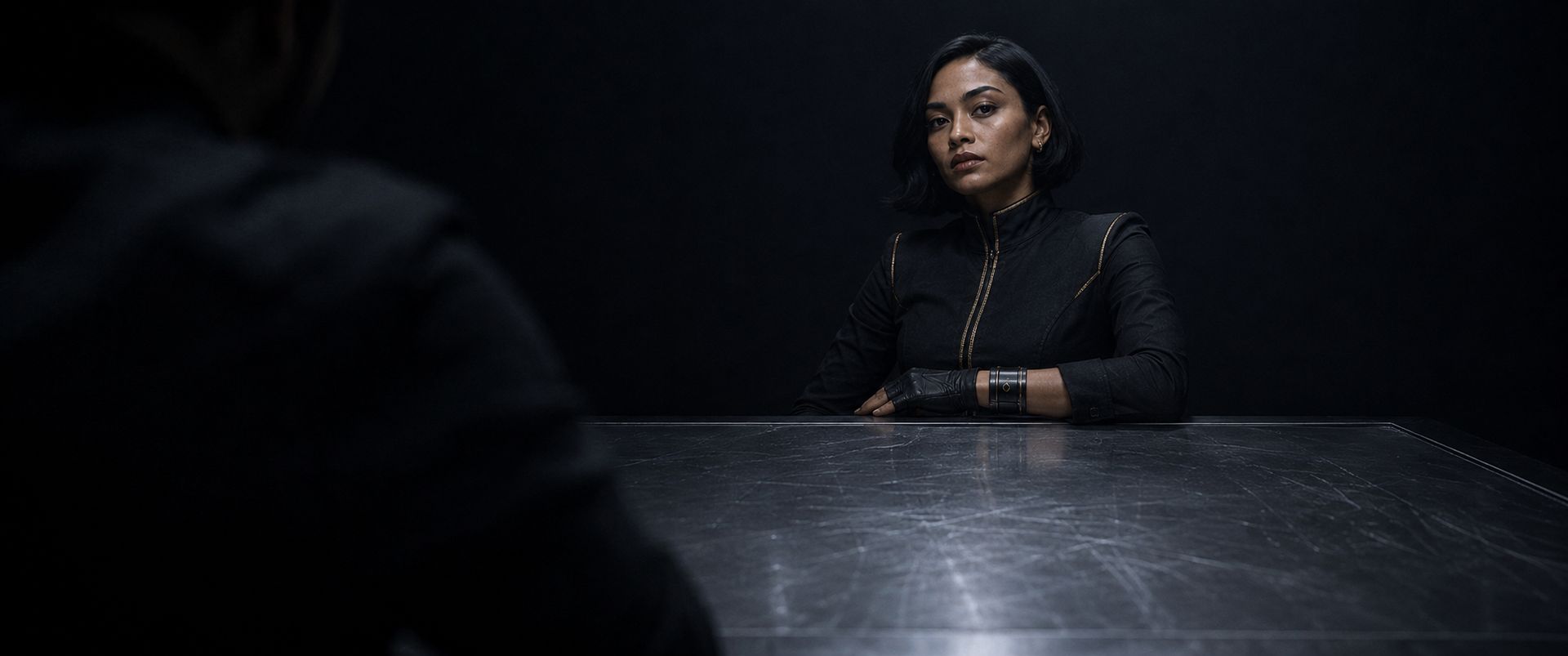 Maeve seated at the steel table in a dark room, a device on her wrist.