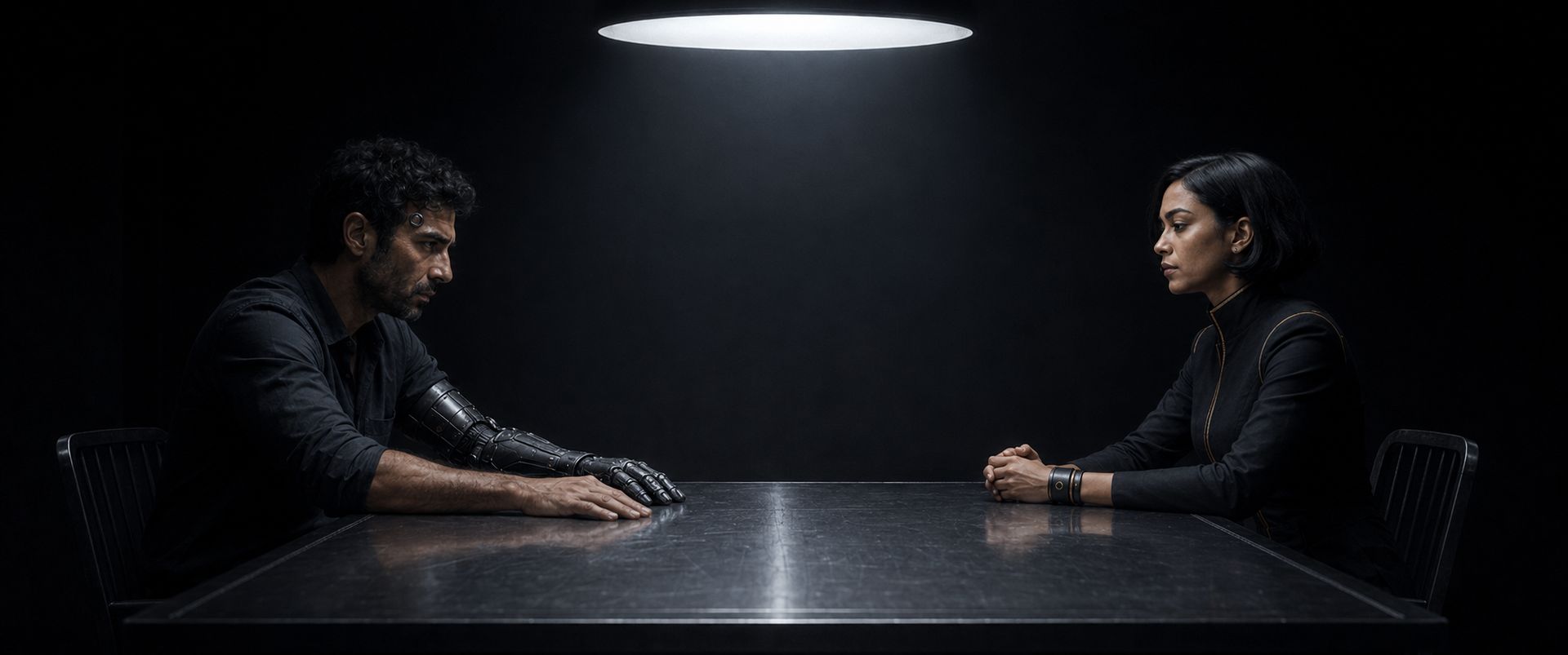 Corin and Maeve facing each other across a long steel table under a single overhead light.