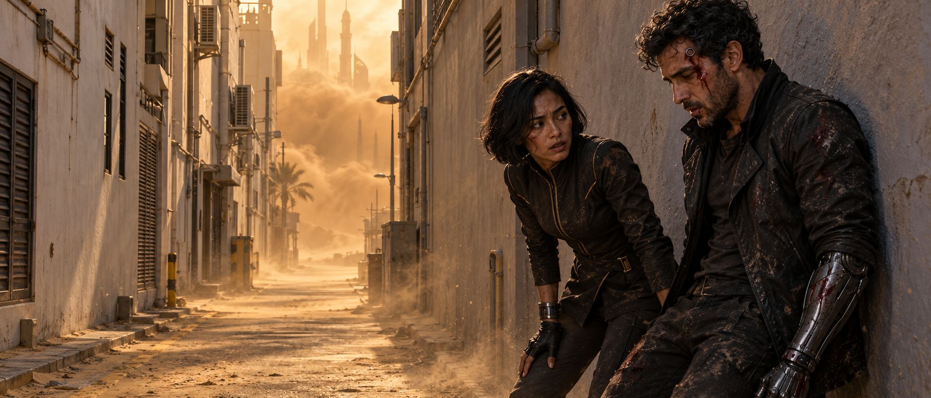 Concept art: two bloodied partners against an alley wall, a sandstorm filling the street behind them.