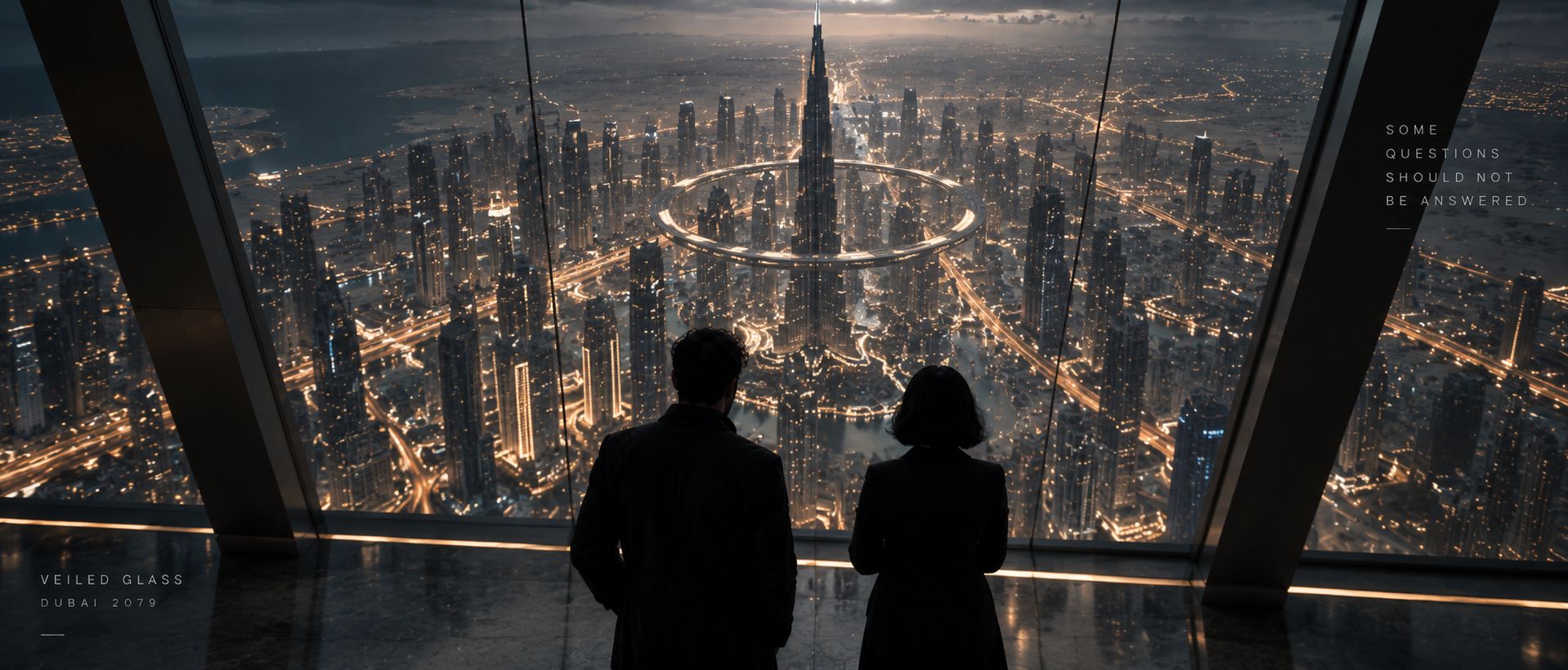 Two figures at a glass wall high above the lit city at night.
