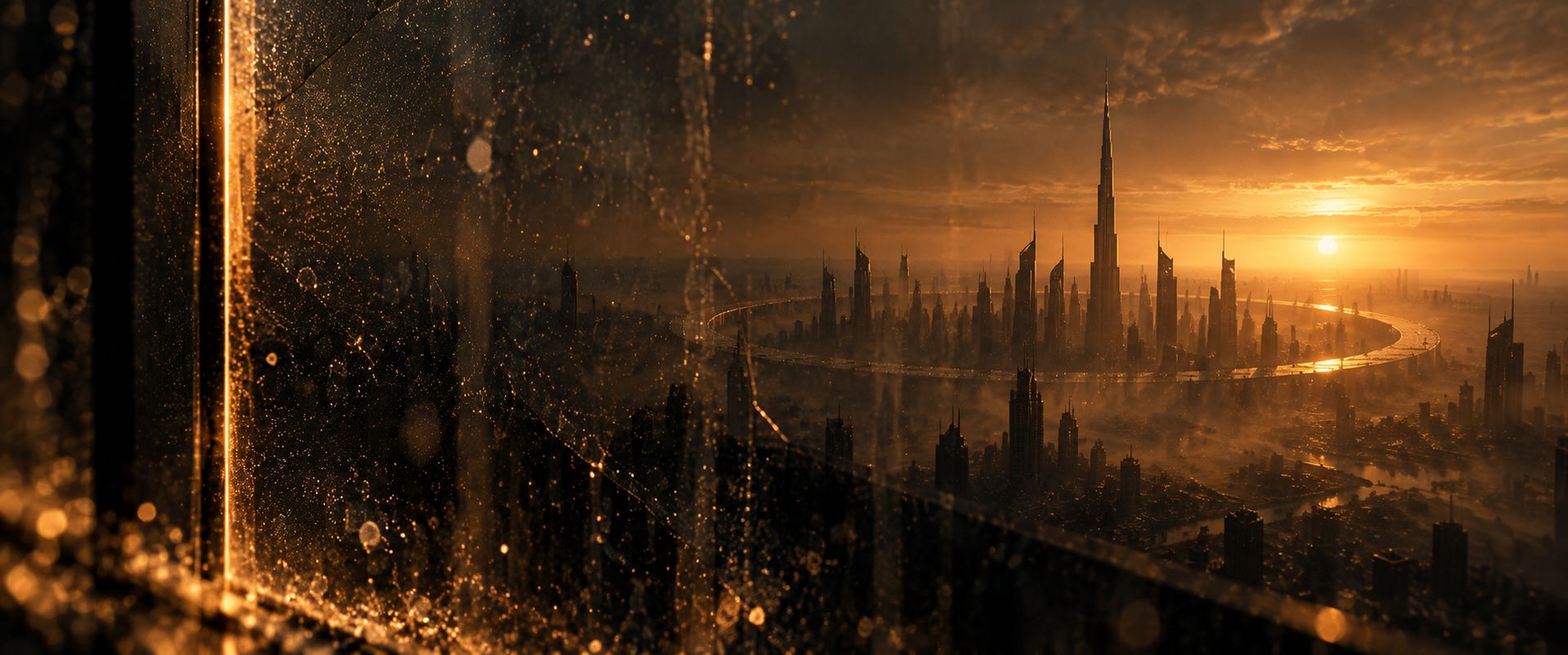 The towers of a desert city at sunset, seen through dusty glass.